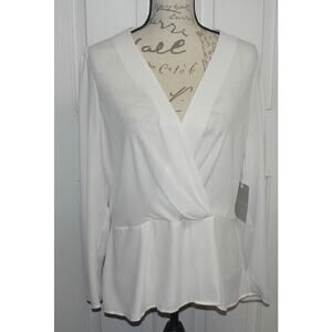 Chelsea28 Womens Long Sleeve Pleated Surplice V-Neck Wrap Top in Ivory Large $79